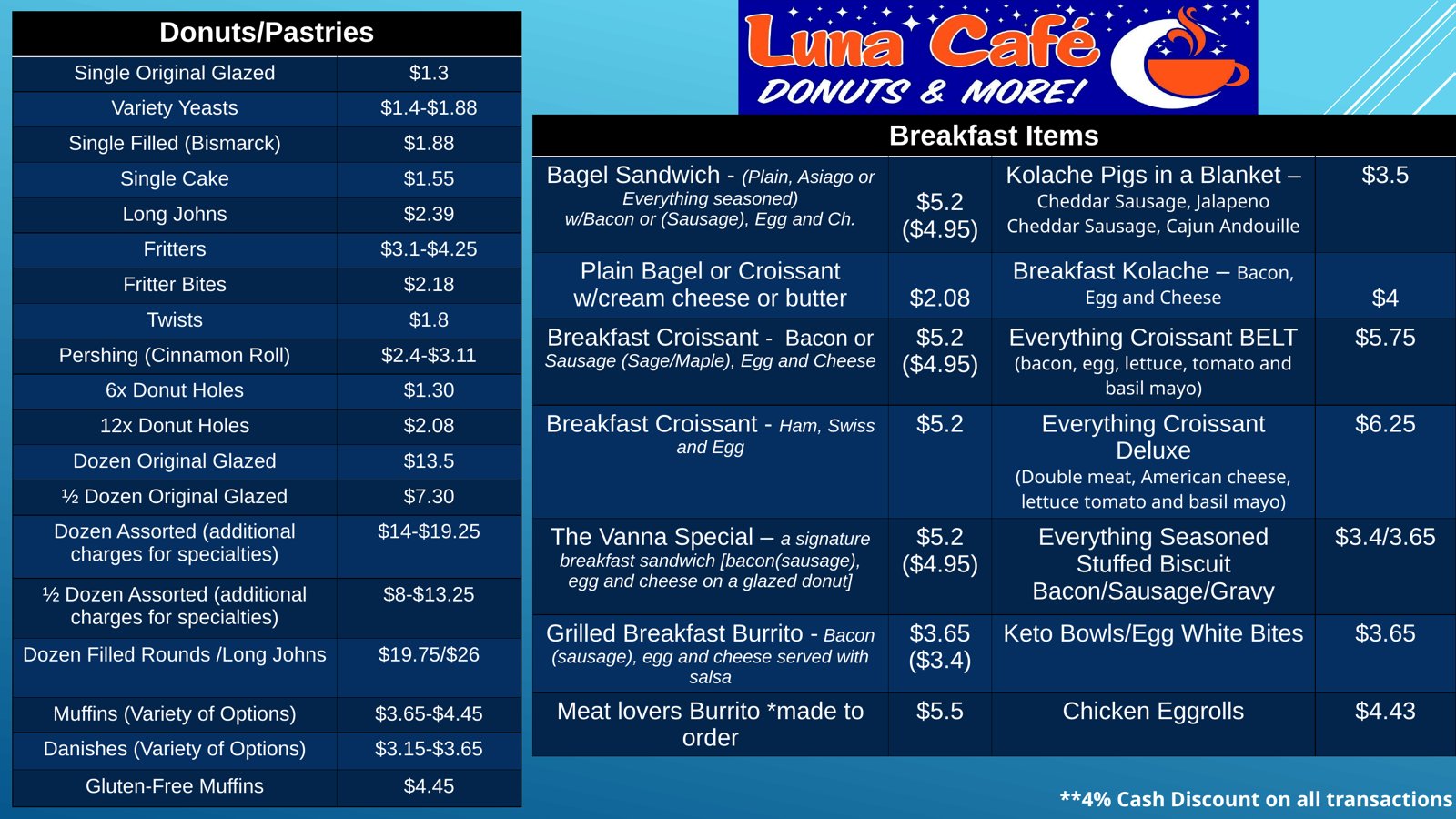 Luna Café full menu with prices